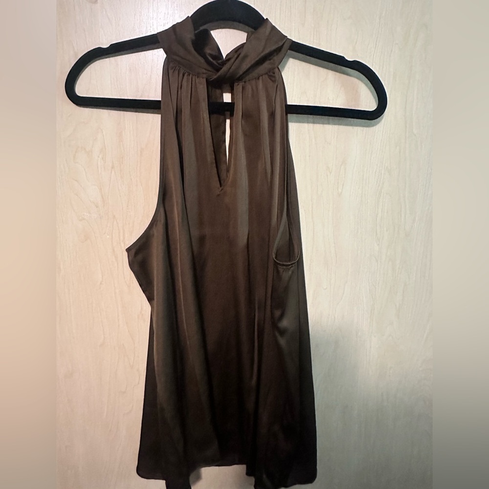 Woman’s brown satin high neck peek a boo front large blouse